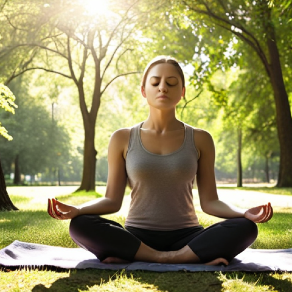 **

Prompt: Person meditating outdoors in a park, sunlight filtering through trees, peaceful expression, representing stress management and mindfulness.

**