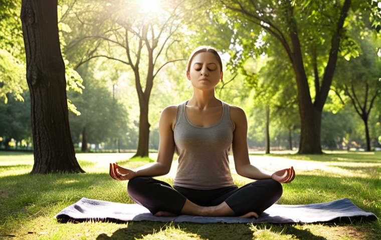 **
Prompt: Person meditating outdoors in a park, sunlight filtering through trees, peaceful expression, representing stress management and mindfulness.
**