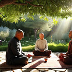 **

"A serene scene of a Turkish tea garden with people practicing mindfulness meditation. Sunlight filters through the trees, illuminating individuals in comfortable positions. Some are using prayer beads (tesbih), and others are simply enjoying the stillness. A small sign reads 'Huzur Bahçesi' (Garden of Peace). Soft, natural lighting."

**