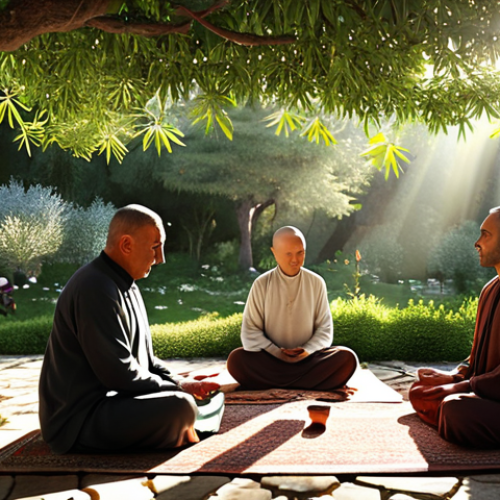 Home 14 **
"A serene scene of a Turkish tea garden with people practicing mindfulness meditation. Sunlight filters through the trees, illuminating individuals in comfortable positions. Some are using prayer beads (tesbih), and others are simply enjoying the stillness. A small sign reads 'Huzur Bahçesi' (Garden of Peace). Soft, natural lighting."
**