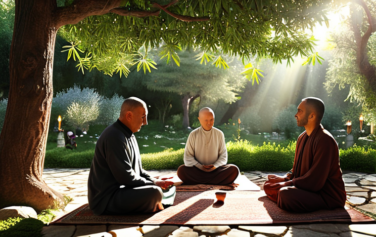 **
"A serene scene of a Turkish tea garden with people practicing mindfulness meditation. Sunlight filters through the trees, illuminating individuals in comfortable positions. Some are using prayer beads (tesbih), and others are simply enjoying the stillness. A small sign reads 'Huzur Bahçesi' (Garden of Peace). Soft, natural lighting."
**