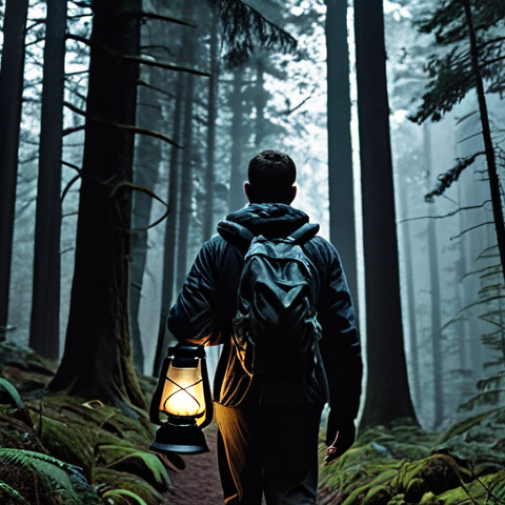 **A person hiking through a dark forest, guided by a mentor figure holding a lantern, symbolizing guidance and self-discovery in psychology.** (Focus: Guidance, self-discovery, mentorship, dark forest, lantern)