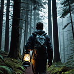 **A person hiking through a dark forest, guided by a mentor figure holding a lantern, symbolizing guidance and self-discovery in psychology.** (Focus: Guidance, self-discovery, mentorship, dark forest, lantern)