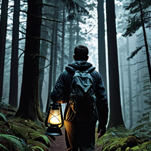 Home 7 **A person hiking through a dark forest, guided by a mentor figure holding a lantern, symbolizing guidance and self-discovery in psychology.** (Focus: Guidance, self-discovery, mentorship, dark forest, lantern)