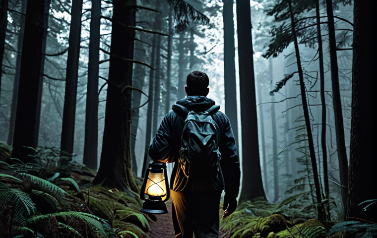 **A person hiking through a dark forest, guided by a mentor figure holding a lantern, symbolizing guidance and self-discovery in psychology.** (Focus: Guidance, self-discovery, mentorship, dark forest, lantern)