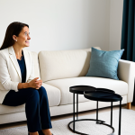 A professional female psychologist in a modest, tailored blazer and trousers, seated comfortably and engaged in an empathetic, professional conversation with an adult client in a brightly lit, modern therapy office. They are seated opposite each other, maintaining natural eye contact. The room features a comfortable sofa, a small coffee table, a subtle plant in the corner, and a soft rug, creating a welcoming and calm atmosphere. Fully clothed, appropriate attire, modest clothing, safe for work, appropriate content, professional, family-friendly, perfect anatomy, correct proportions, natural pose, well-formed hands, proper finger count, natural body proportions, professional photography, high quality, realistic lighting.
