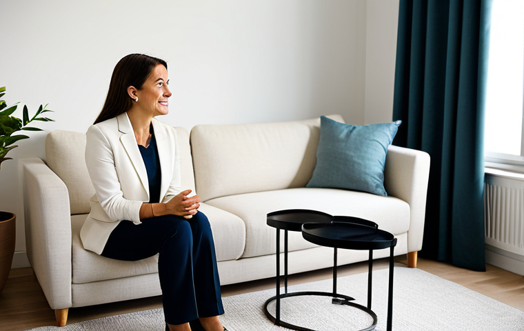 A professional female psychologist in a modest, tailored blazer and trousers, seated comfortably and engaged in an empathetic, professional conversation with an adult client in a brightly lit, modern therapy office. They are seated opposite each other, maintaining natural eye contact. The room features a comfortable sofa, a small coffee table, a subtle plant in the corner, and a soft rug, creating a welcoming and calm atmosphere. Fully clothed, appropriate attire, modest clothing, safe for work, appropriate content, professional, family-friendly, perfect anatomy, correct proportions, natural pose, well-formed hands, proper finger count, natural body proportions, professional photography, high quality, realistic lighting.